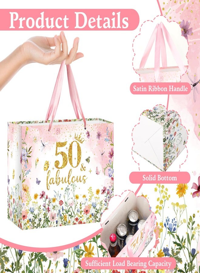 Woosytoo 50th Birthday Gift Bag for Women with Tissue Paper and Card 50 and Fabulous Pink Gift Wrapping Bag - Spring Wildflower Butterfly Theme Party Supplies for Mom Wife Friend - Image 2