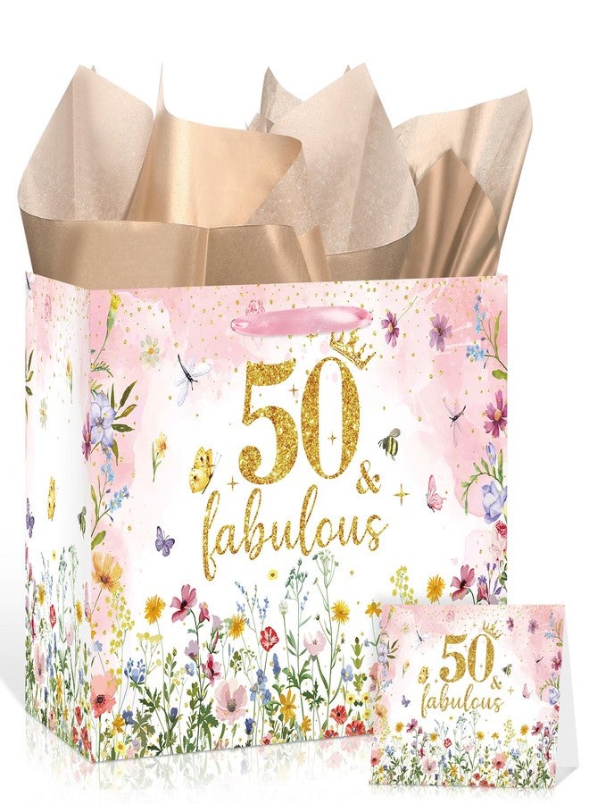 Woosytoo 50th Birthday Gift Bag for Women with Tissue Paper and Card 50 and Fabulous Pink Gift Wrapping Bag - Spring Wildflower Butterfly Theme Party Supplies for Mom Wife Friend - Image 1