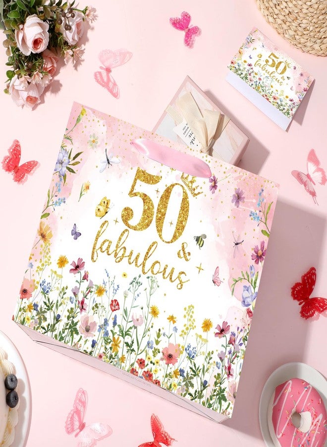 Woosytoo 50th Birthday Gift Bag for Women with Tissue Paper and Card 50 and Fabulous Pink Gift Wrapping Bag - Spring Wildflower Butterfly Theme Party Supplies for Mom Wife Friend - Image 5