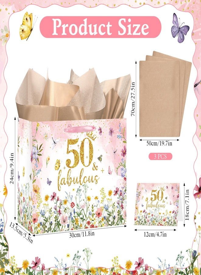 Woosytoo 50th Birthday Gift Bag for Women with Tissue Paper and Card 50 and Fabulous Pink Gift Wrapping Bag - Spring Wildflower Butterfly Theme Party Supplies for Mom Wife Friend - Image 3