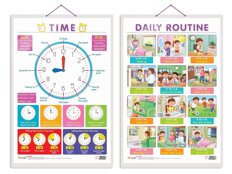 GoWoo Combo of 2 TIME and DAILY ROUTINE Educational Posters for Preschool Kids Classroom Study | Learning- Charts for Kids Learning (20"X30" Inches) - Image 1
