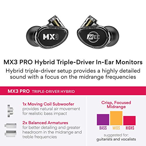 MEE audio Professional MX3 PRO Triple-Driver Hybrid Musician's in Ear Monitor Headphones with Enhanced Midrange and Warm Tonality, Noise Isolating Earphones with Detachable Cables, Black - Image 3
