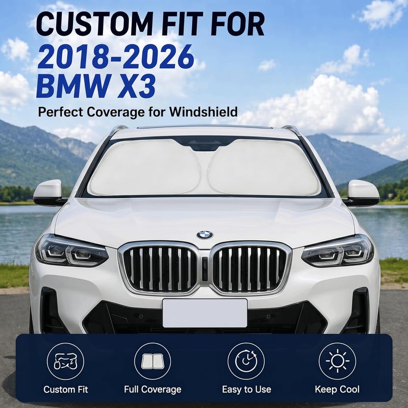 ظلة شمس للسيارة لبي إم دبليو X3 2018-2024، إكسسوارات غطاء ظلة زجاج أمام�� مخصص لـ X3، واقي شمس قابل للطي يحجب الأشعة فوق البنفسجية مقاوم للخدش - Image 2