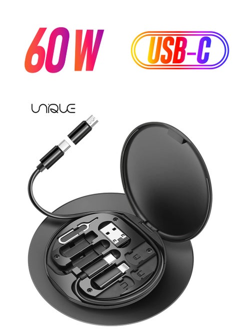 9-in-1 USB Charging Adapter Cable Kit, USB C to Lighting Adapter Box, Conversion Set USB A & Type C to Male Micro/Type C/Lightning, Data Transfer, Card Storage, Tray Eject Pin, Phone Holder (Black)