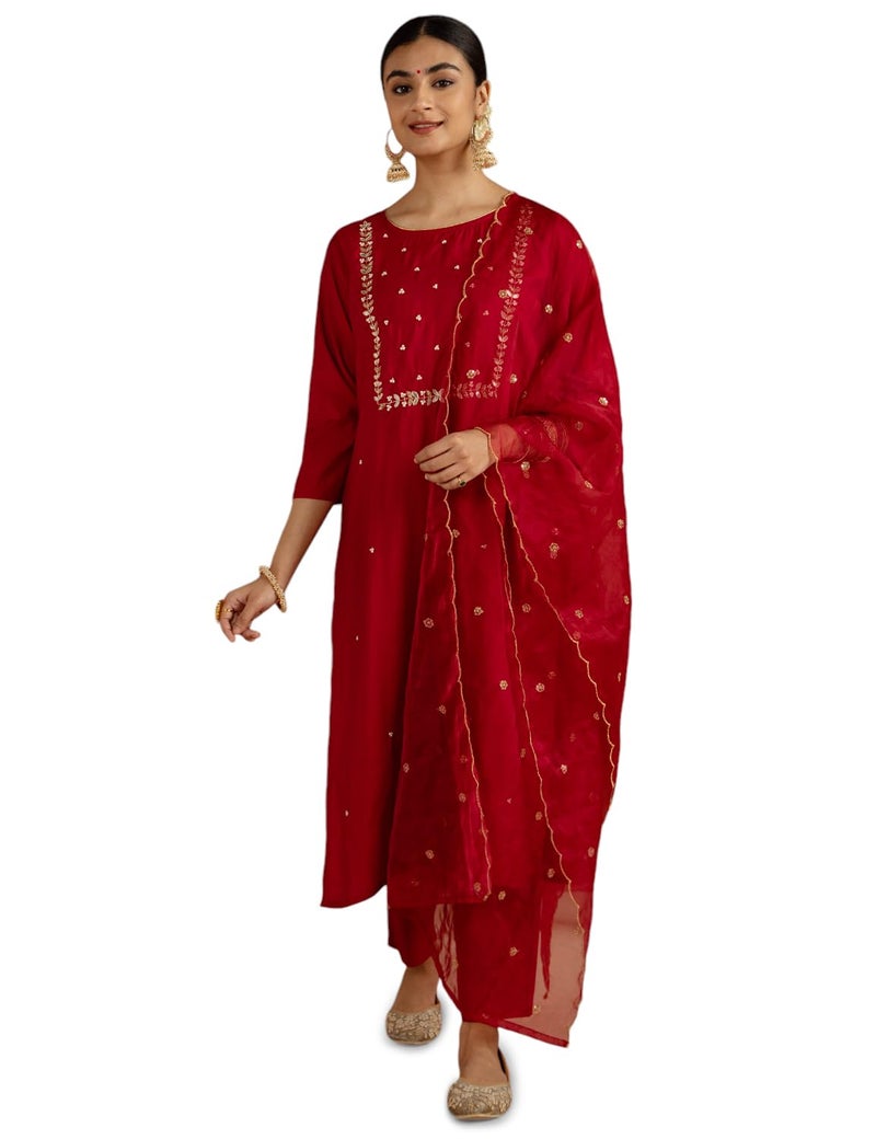 Kaari Women Silk Roman 7525 Kurta Set (KAAAW24WSKD-72002_Mysore Ruby Red_L) - Image 1