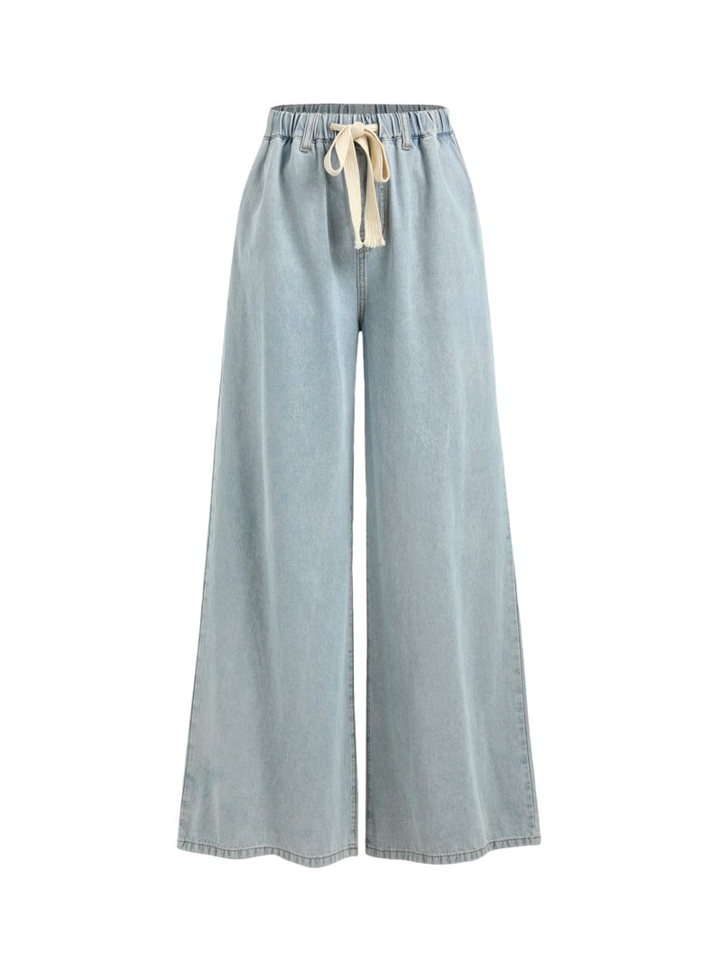CIDER Drawstring Wide Leg Jeans for Women High Waisted Baggy Jeans Denim Pants with Pockets: Denim, XL - Image 1