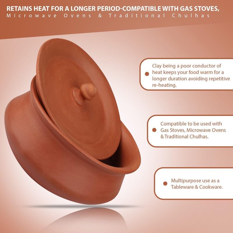 PALVIT CLAY ART GALLERY (P.C.A.G) 550 Ml Polished Hand Craft Clay Pot with Lid for Cooking, Clay Dahi Handi for Kitchen, Lightweight & Durable Mitti Handi, Brown Colour (Pack of 1) (Degachi Style Handi, 550 ml) - Image 2