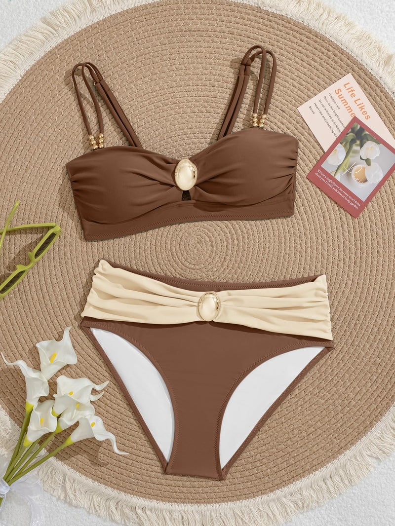 Eomenie Bikini Sets for Women Color Block Two Piece Bathing Suit V Neck Tie Back Swimsuit - Image 5