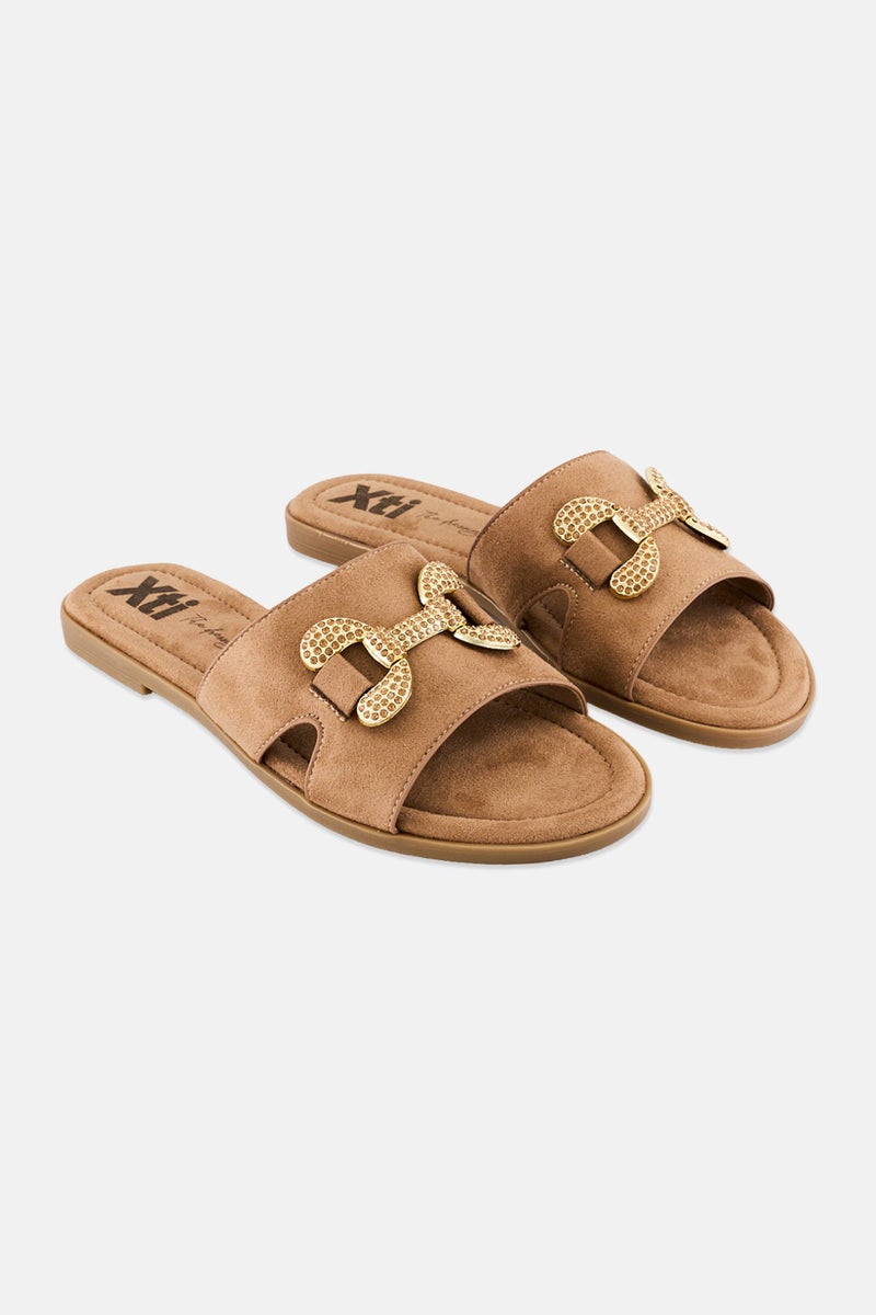 Xti Women Metallic Slip On Sandals, Taupe  - Image 1