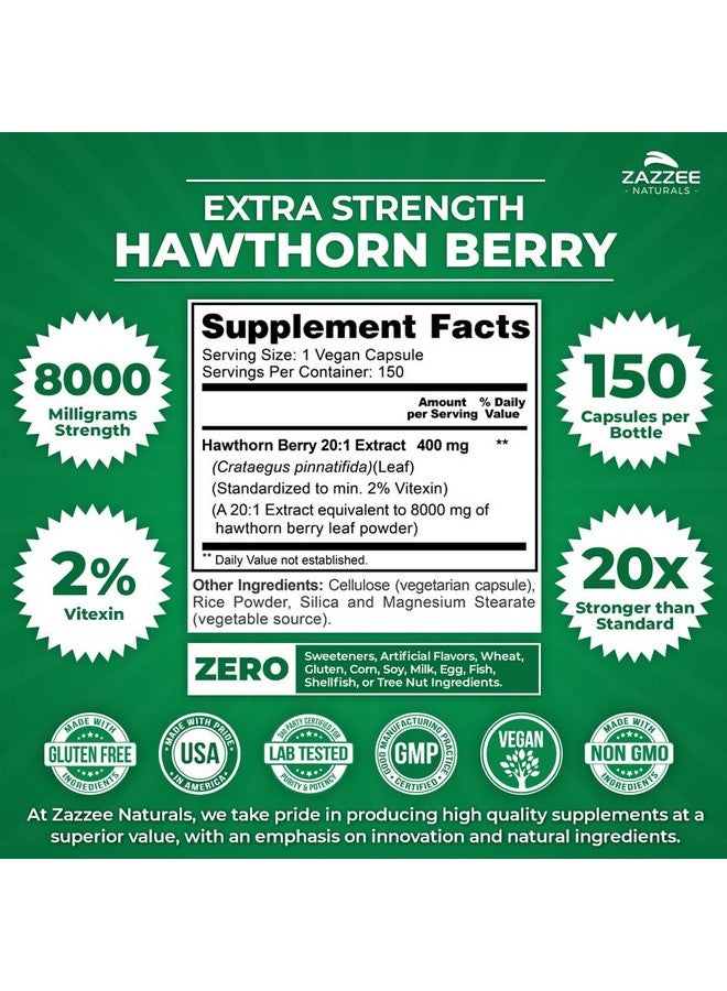 Zazzee Extra Strength Hawthorn Berry 20:1 Extract, 8000 mg Strength, 2% Vitexin, 150 Vegan Capsules, 5 Month Supply, Concentrated and Standardized Potent 20X Extract, Non-GMO and All-Natural - Image 3