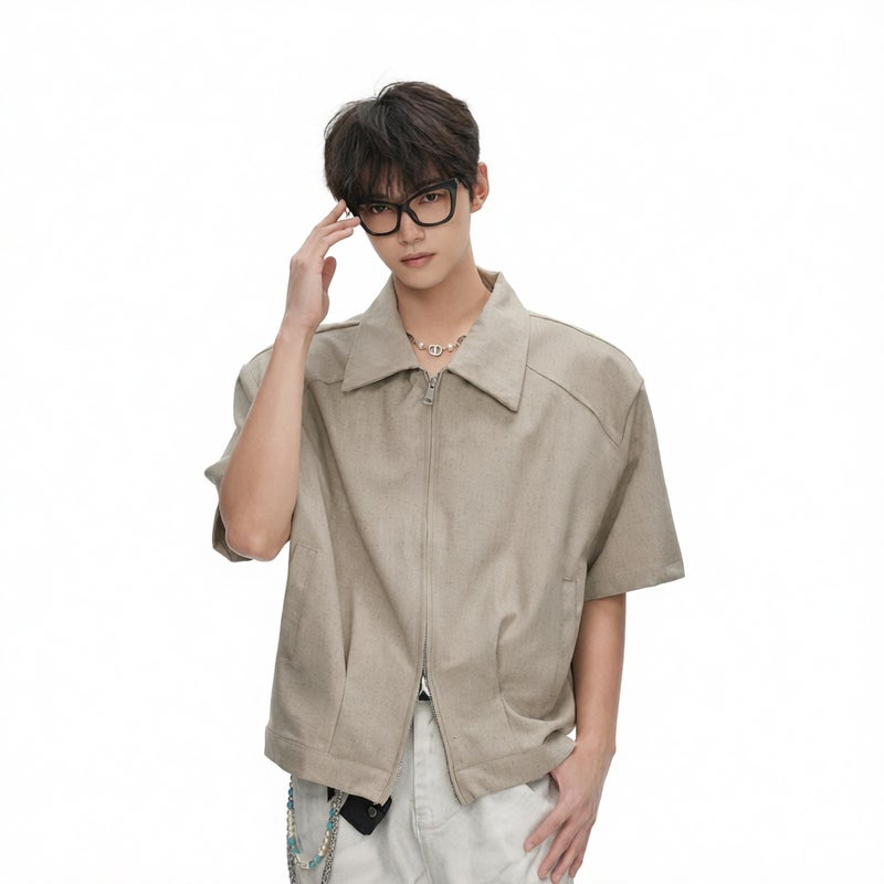 Men's Double Zip Short Sleeve Jacket Shirt Casual Loose Fit Shoulder Pad Blouse - Image 1