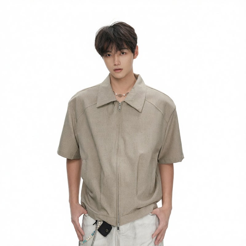 Men's Double Zip Short Sleeve Jacket Shirt Casual Loose Fit Shoulder Pad Blouse - Image 2