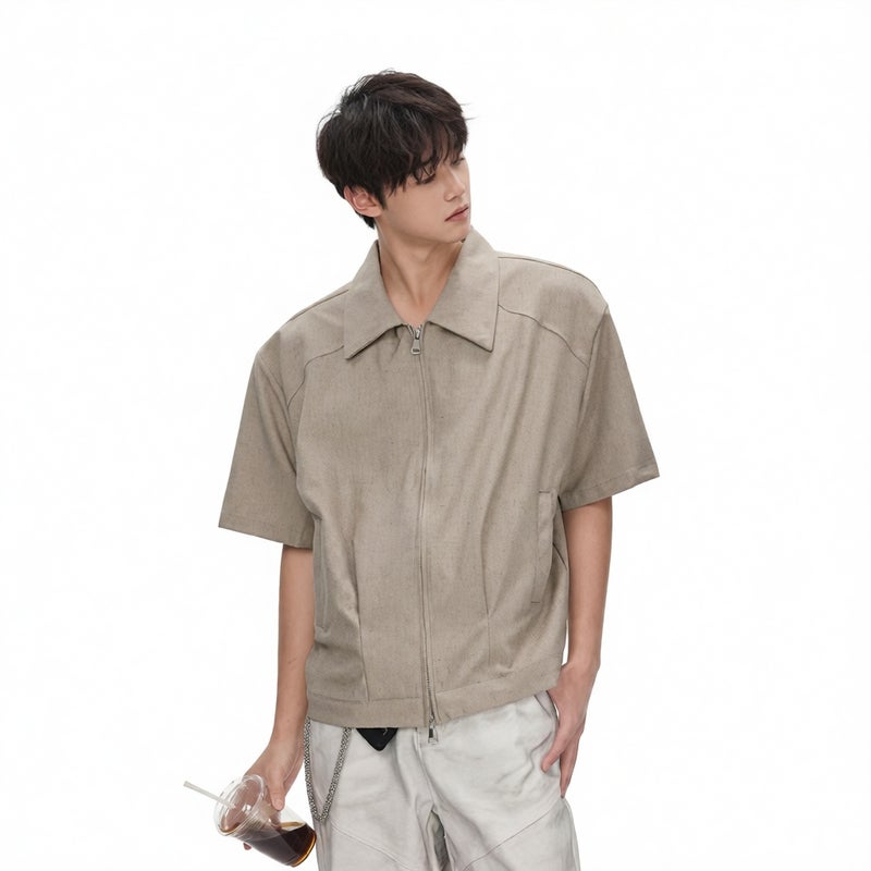 Men's Double Zip Short Sleeve Jacket Shirt Casual Loose Fit Shoulder Pad Blouse - Image 3