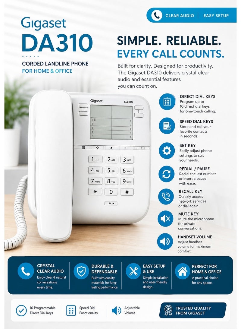 Gigaset DA310 Corded Desktop & Wall Mount Telephone | German Technology Analog Landline Phone with Speed Dial, Direct Keys, Mute, Hearing Aid Compatibility, and Adjustable Handset Volume - Image 3