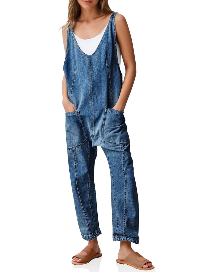 PLNOTME Women's Denim Overall Jumpsuits Sleeveless V Neck Adjustable Straps Jeans Long Pants Rompers - Image 1