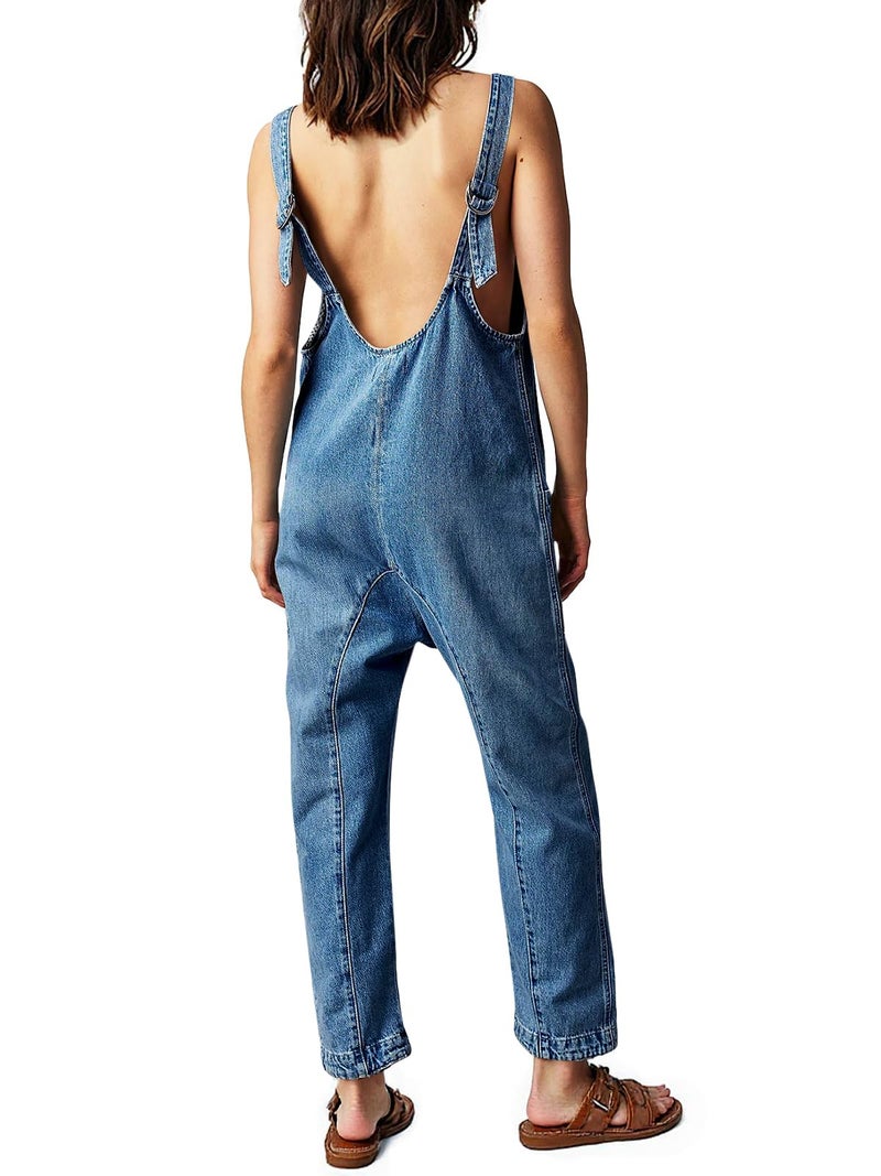 PLNOTME Women's Denim Overall Jumpsuits Sleeveless V Neck Adjustable Straps Jeans Long Pants Rompers - Image 2