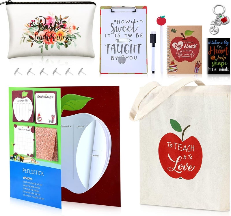 Spiareal Spiareal 19 Pcs Christmas Teacher Appreciation Gift Bulk for Women Including Cosmetic Bag Tote Bags Writing Pads Apple Shaped Pens Sticky Notes Keychain Pushpin Markers Pen from Students - Image 1