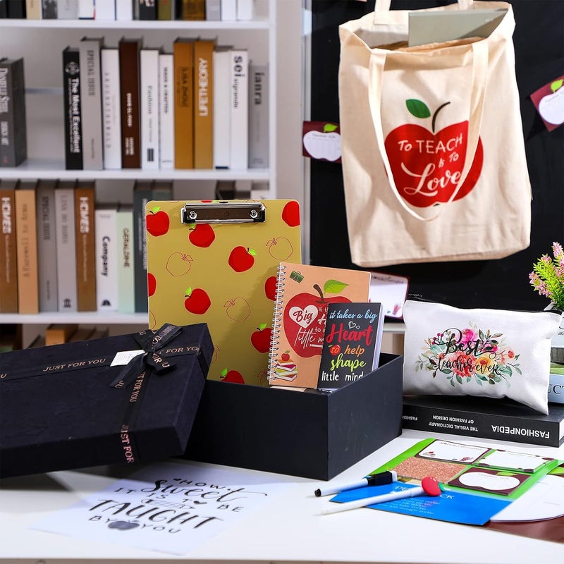 Spiareal Spiareal 19 Pcs Christmas Teacher Appreciation Gift Bulk for Women Including Cosmetic Bag Tote Bags Writing Pads Apple Shaped Pens Sticky Notes Keychain Pushpin Markers Pen from Students - Image 4