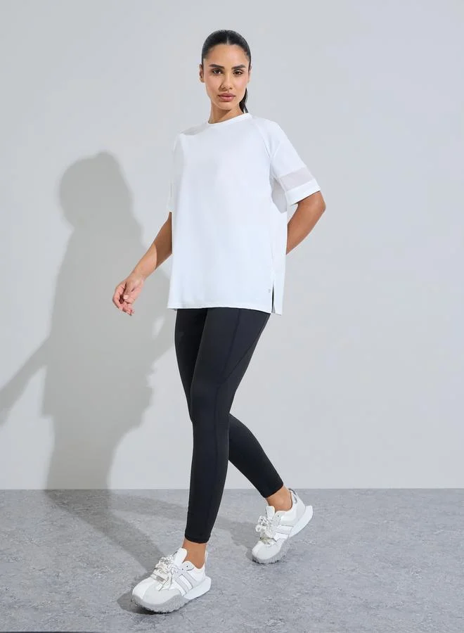 Styli Active White Solid Mesh Insert Sleeves Side Slit Active T-Shirt