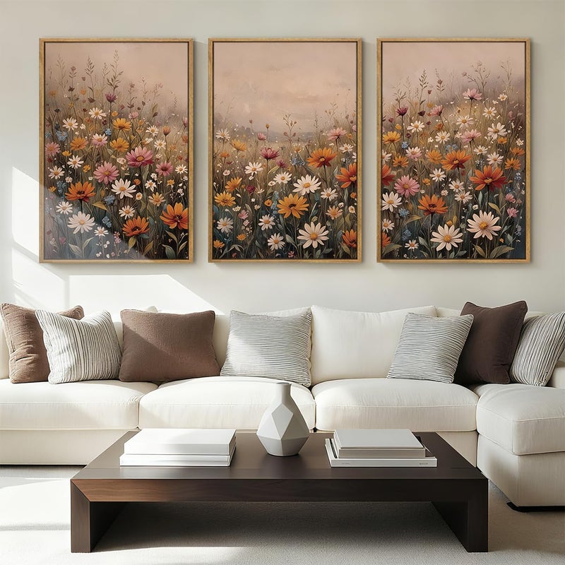 IARTTOP Extra Large Botanical Brown Framed Wall Art 24x36 Inch Set of 3 Vintage wildflower Art Prints Calming Nature Floral Landscape Wall Decor for Living Room Dining room Bedroom - Image 1
