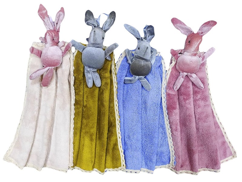 VRT Hand Towels, Cute Cartoon (Rabbit) Kitchen Hanging, with Loops, Bathroom, Quick Dry Hand Bath Towel, Soft Absorbent Microfiber Multicolor (Pack of 3) - Image 1