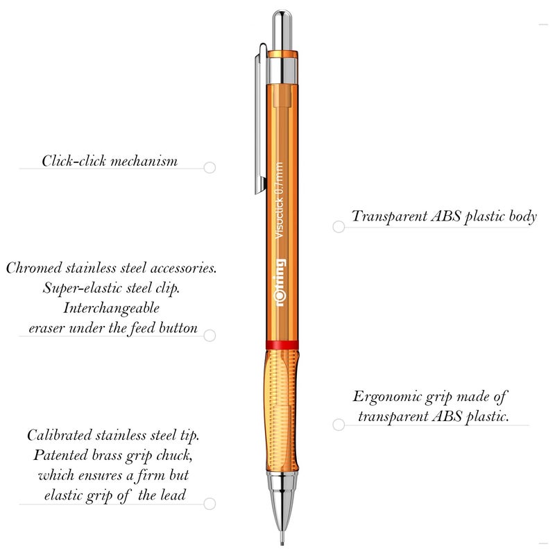 Rotring Visuclick Orange Mechanical Pencil 07mm for Drawing Writing Sketching Transparent ABS Plastic Body 12 HB Polymer Leads - Image 2