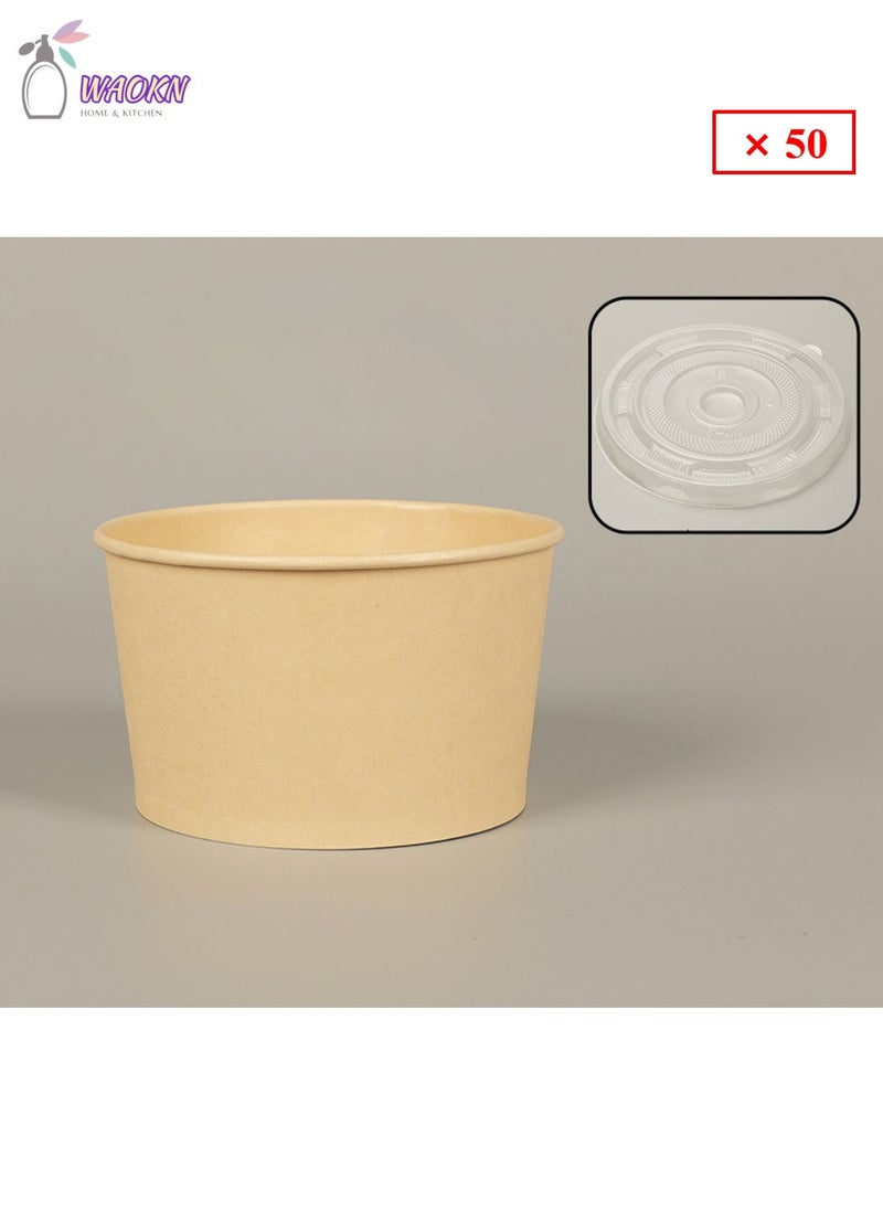 WAOKN - 50-Piece Disposable Paper Bowl With Cover, Thickened Wood Pulp Food Box, Takamatsu Paper Packing Box, 450Ml - Image 1