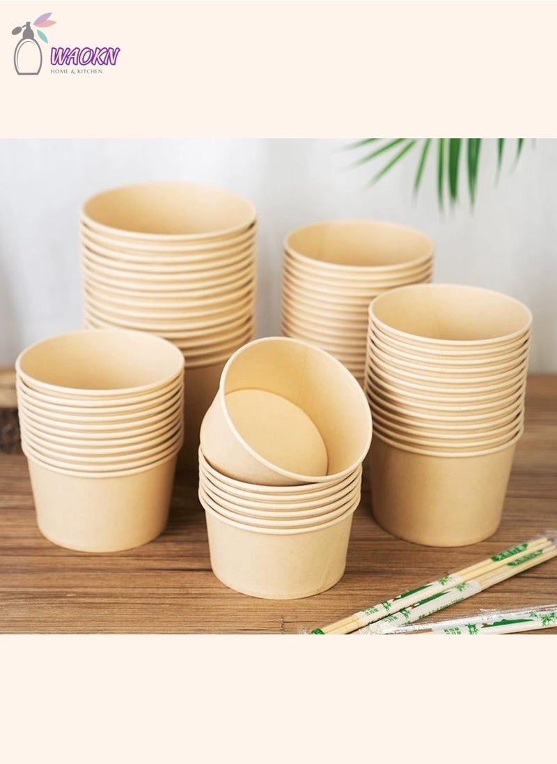 WAOKN - 50-Piece Disposable Paper Bowl With Cover, Thickened Wood Pulp Food Box, Takamatsu Paper Packing Box, 450Ml - Image 1