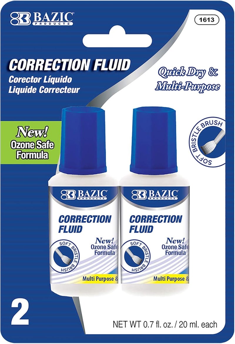 Bazic Products Correction Fluid (0.7 oz / 20 ml), Soft Bristle Brush Applicator, Instant Corrections Pen White Out Wipe Out Liquid (2/Pack), 24-Packs - Image 1