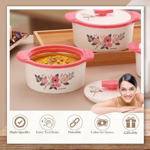 Trueware Floraa Casserole | Inner Steel Outer Plastic | Airtight| Pink |Set of 3 | 600, 800 & 1100 ML | BPA Free | 100% Food Grade | Serving Casserole| Ideal for Chapatti | Roti | Curd Maker |Hot Pot - Image 2
