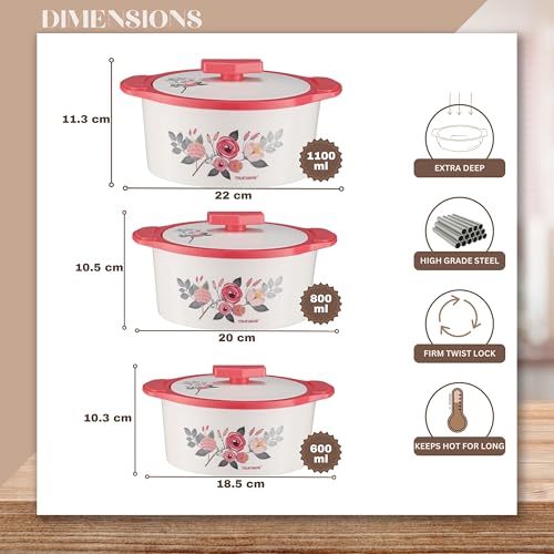 Trueware Floraa Casserole | Inner Steel Outer Plastic | Airtight| Pink |Set of 3 | 600, 800 & 1100 ML | BPA Free | 100% Food Grade | Serving Casserole| Ideal for Chapatti | Roti | Curd Maker |Hot Pot - Image 3