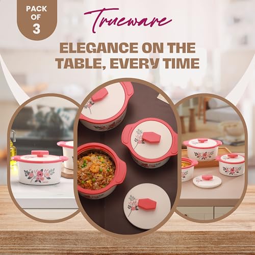 Trueware Floraa Casserole | Inner Steel Outer Plastic | Airtight| Pink |Set of 3 | 600, 800 & 1100 ML | BPA Free | 100% Food Grade | Serving Casserole| Ideal for Chapatti | Roti | Curd Maker |Hot Pot - Image 5