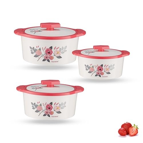 Trueware Floraa Casserole | Inner Steel Outer Plastic | Airtight| Pink |Set of 3 | 600, 800 & 1100 ML | BPA Free | 100% Food Grade | Serving Casserole| Ideal for Chapatti | Roti | Curd Maker |Hot Pot - Image 1