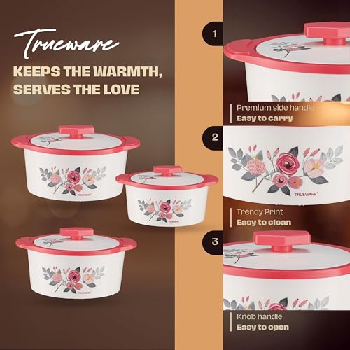 Trueware Floraa Casserole | Inner Steel Outer Plastic | Airtight| Pink |Set of 3 | 600, 800 & 1100 ML | BPA Free | 100% Food Grade | Serving Casserole| Ideal for Chapatti | Roti | Curd Maker |Hot Pot - Image 4