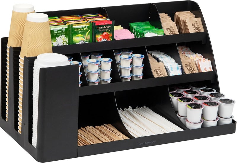 Mind Reader Cup and Condiment Station, Countertop Organizer, Coffee Bar, Kitchen, Stirrers, 24"L x 11.5"W x 12.5"H, Black - Image 1