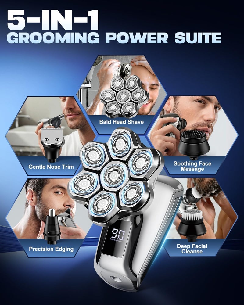 Voph Head Shavers for Bald Men, 7D Floating Blades Electric Razor with Magnetic Detachable Heads, IPX7 Waterproof Rotary Shaver 5-in-1 Self-Grooming Kit Gift for Balder - Image 4