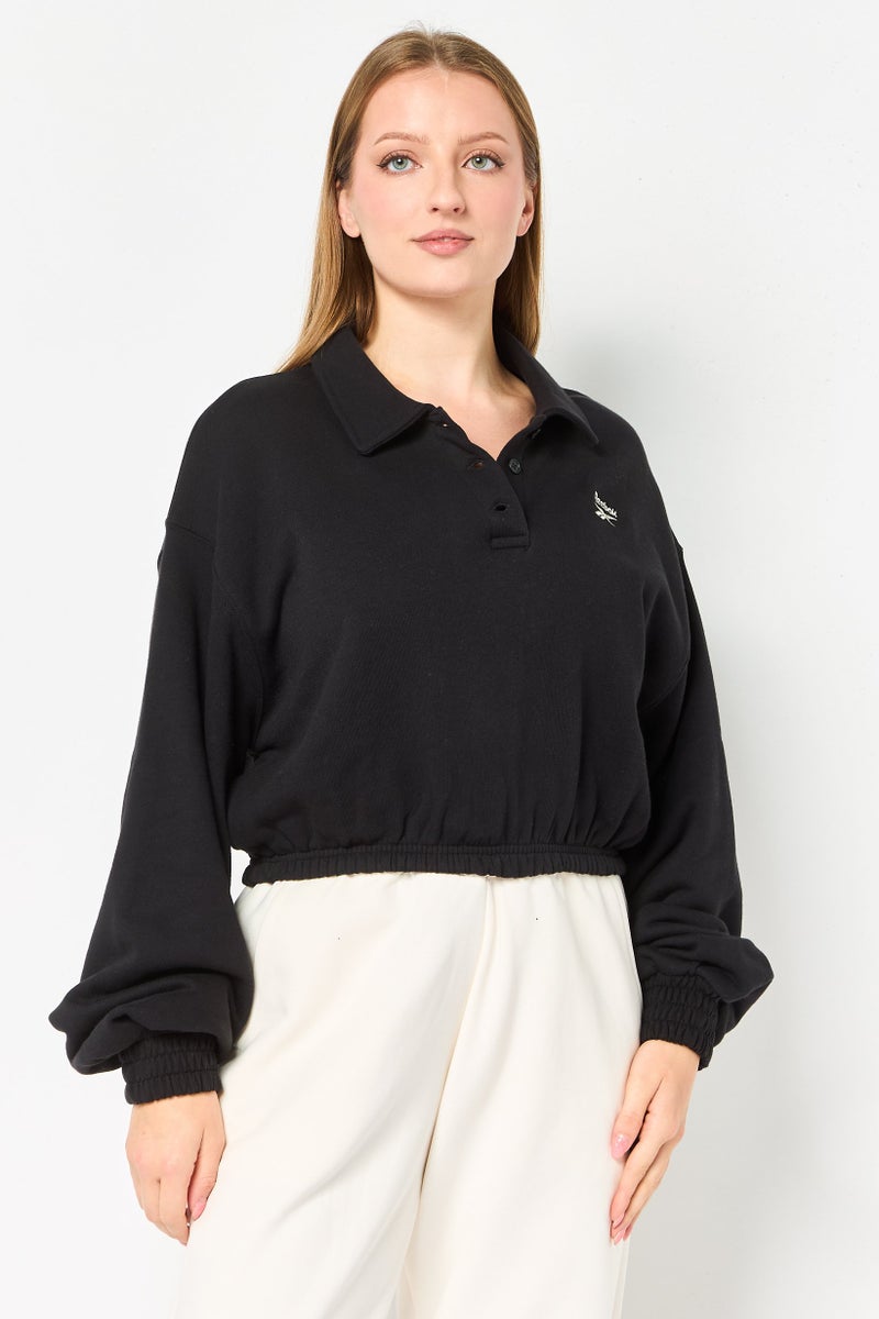 Reebok سويت شيرت قصير بأكمام طويلة للنساء، رياضي، خارجي، أسود - Image 1