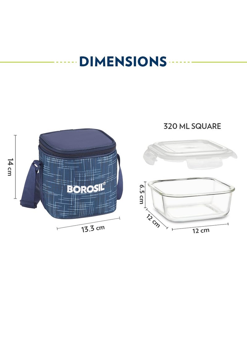 BOROSIL Borosil Indigo Lunchbox with Bag 2 pc Borosilicate Glass Square Container Set 320 ml Each Microwave Dishwasher Safe Leak Proof Tiffin for Office School College Vertical Blue  - Image 3