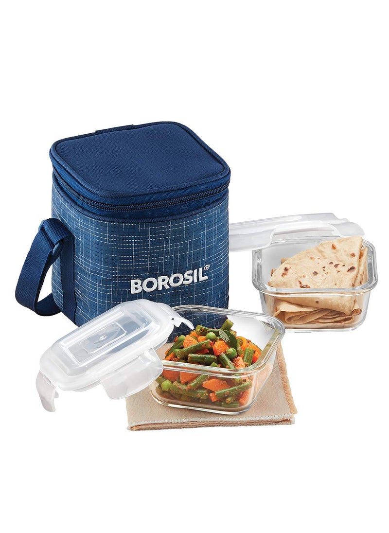 BOROSIL Borosil Indigo Lunchbox with Bag 2 pc Borosilicate Glass Square Container Set 320 ml Each Microwave Dishwasher Safe Leak Proof Tiffin for Office School College Vertical Blue  - Image 1