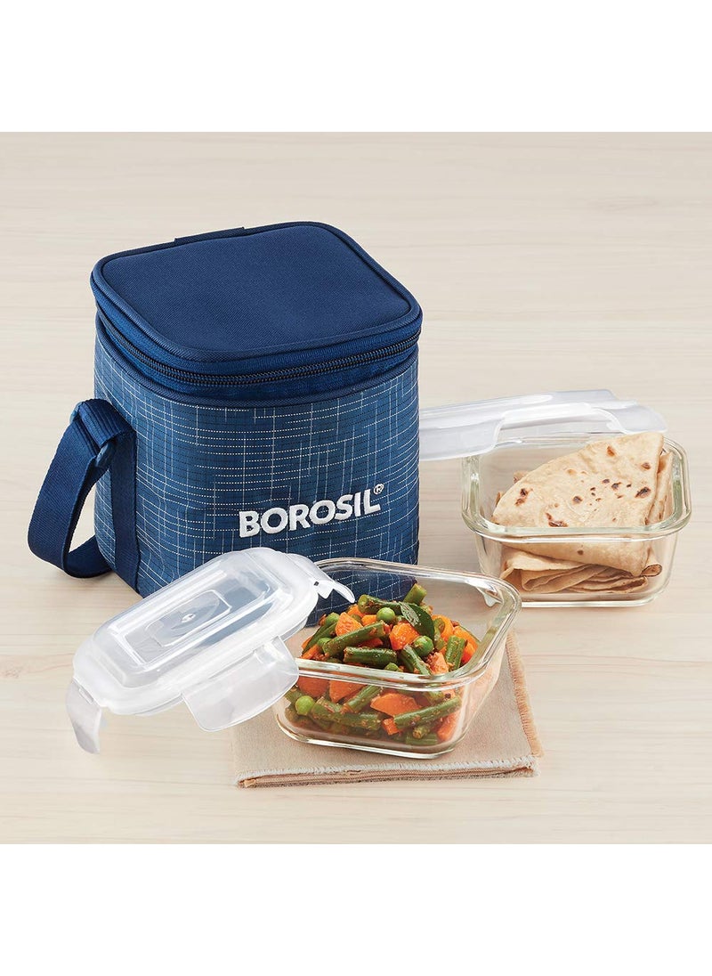 BOROSIL Borosil Indigo Lunchbox with Bag 2 pc Borosilicate Glass Square Container Set 320 ml Each Microwave Dishwasher Safe Leak Proof Tiffin for Office School College Vertical Blue  - Image 2