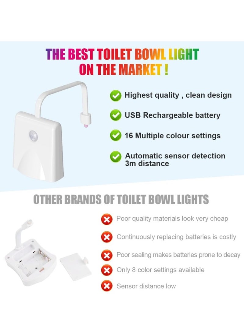 Motion Sensor Toilet Night Light, 16 Colors Body Motion Sensor Toilet Bowl Seat Lamp, USB Chargeable, Adjustable Motion Activated Toilet Night Light for Any Toilet - Image 3