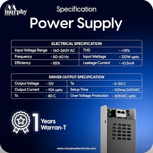 Murphy 10A 12V DC LED Driver (SMPS) | Constant Voltage Power Supply for Indoor LED Strip Lights | Aluminium Body | BIS Approved | Pack of 2 (1-Year Warranty) - Image 4