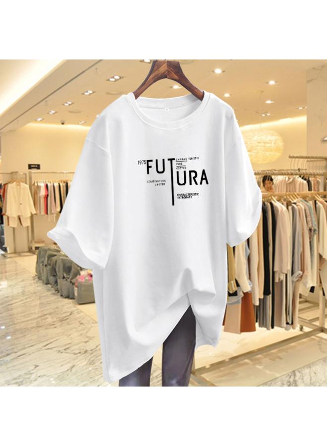 VUELO Letter Printed Short-sleeved T-shirt Women's Summer New Lower Body Missing Loose Slimming Mid-length Top Trendy 