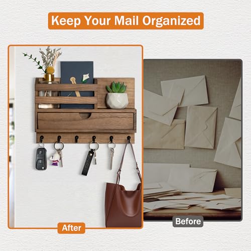 dreampossible Key and Mail Holder for Wall, Mail Organizer Wall Mount with 6 Hooks and Storage Drawer, Wooden Key Rack Hanger with Shelf for Entryway and Home Decor - Image 4