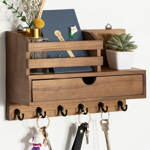 dreampossible Key and Mail Holder for Wall, Mail Organizer Wall Mount with 6 Hooks and Storage Drawer, Wooden Key Rack Hanger with Shelf for Entryway and Home Decor - Image 1