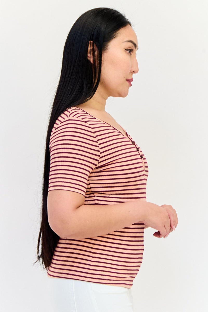 ONLY Women V-Neck Short Sleeves Stripe Top, Multicolor - Image 2