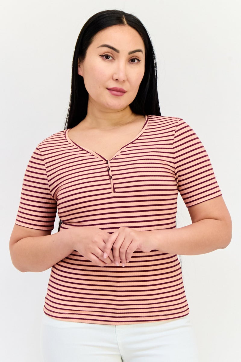 ONLY Women V-Neck Short Sleeves Stripe Top, Multicolor - Image 1