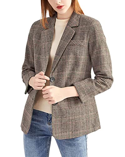 ebossy Women's Notch Lapel 2 Button Boyfriend Blazer Suit Houndstooth Plaid Jacket Coat (Large, Mocha) - Image 1