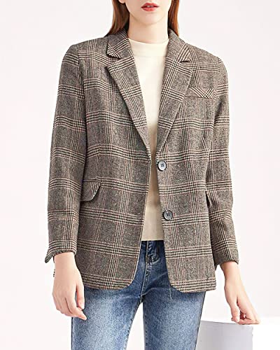 ebossy Women's Notch Lapel 2 Button Boyfriend Blazer Suit Houndstooth Plaid Jacket Coat (Large, Mocha) - Image 2