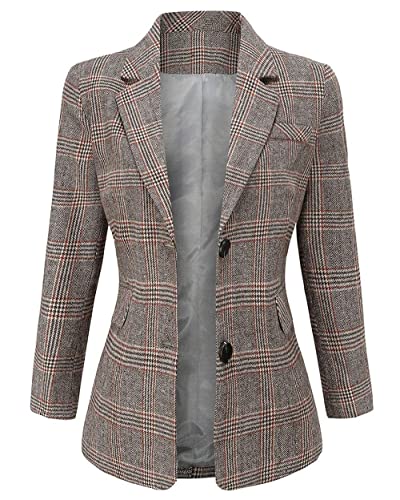 ebossy Women's Notch Lapel 2 Button Boyfriend Blazer Suit Houndstooth Plaid Jacket Coat (Large, Mocha) - Image 3